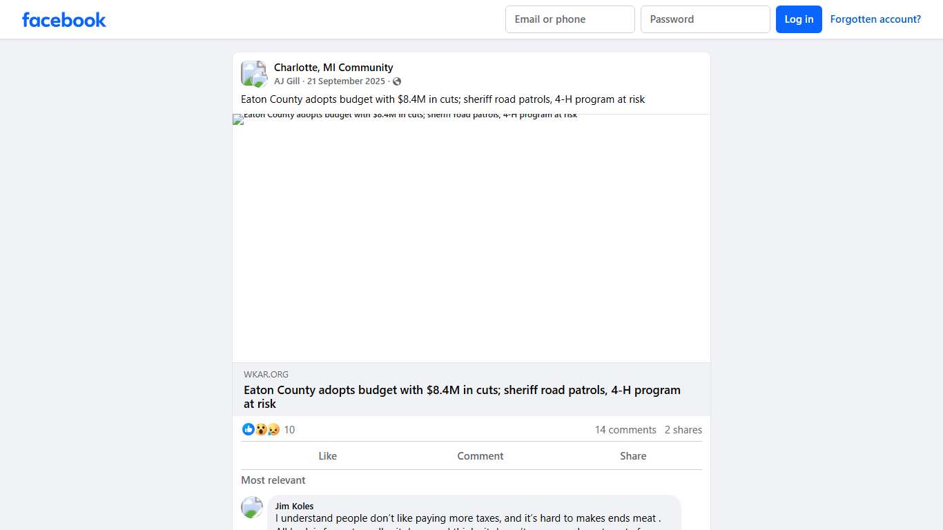 Charlotte, MI Community Eaton County adopts budget with $8.4M in cuts; sheriff road patrols, 4-H program at risk Facebook