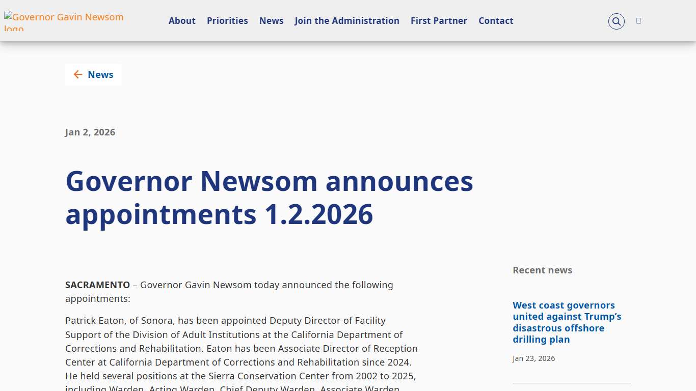 Governor Newsom announces appointments 1.2.2026 Governor of California